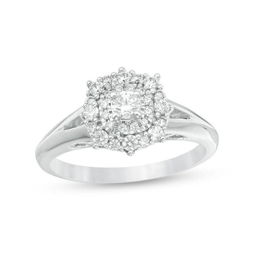 1/2 Cttw Diamond Double Cushion Frame Engagement Ring in 10K White Gold (0.50 Cttw, J-I2) Diamond Vintage Ring