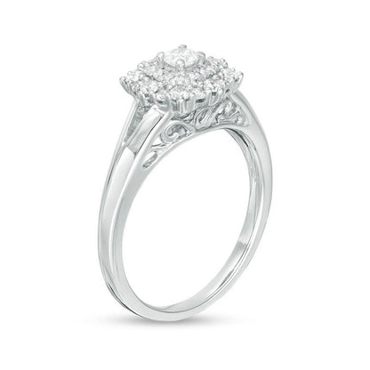 1/2 Cttw Diamond Double Cushion Frame Engagement Ring in 10K White Gold (0.50 Cttw, J-I2) Diamond Vintage Ring