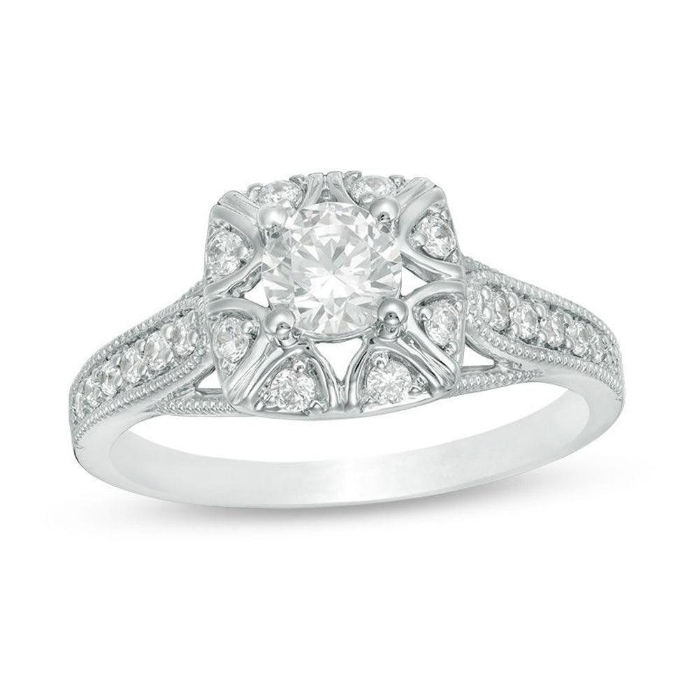 3/4 Cttw Diamond Cushion Frame Vintage-Style Engagement Ring in 10K White Gold (0.75 Cttw, I-I2) Diamond Anniversary Ring