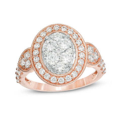 1-1/2 Cttw Composite Diamond Oval Frame Tri-Sides Vintage-Style Engagement Ring in 10K Rose Gold (0.5 Cttw, Color : J, Clarity : I2)