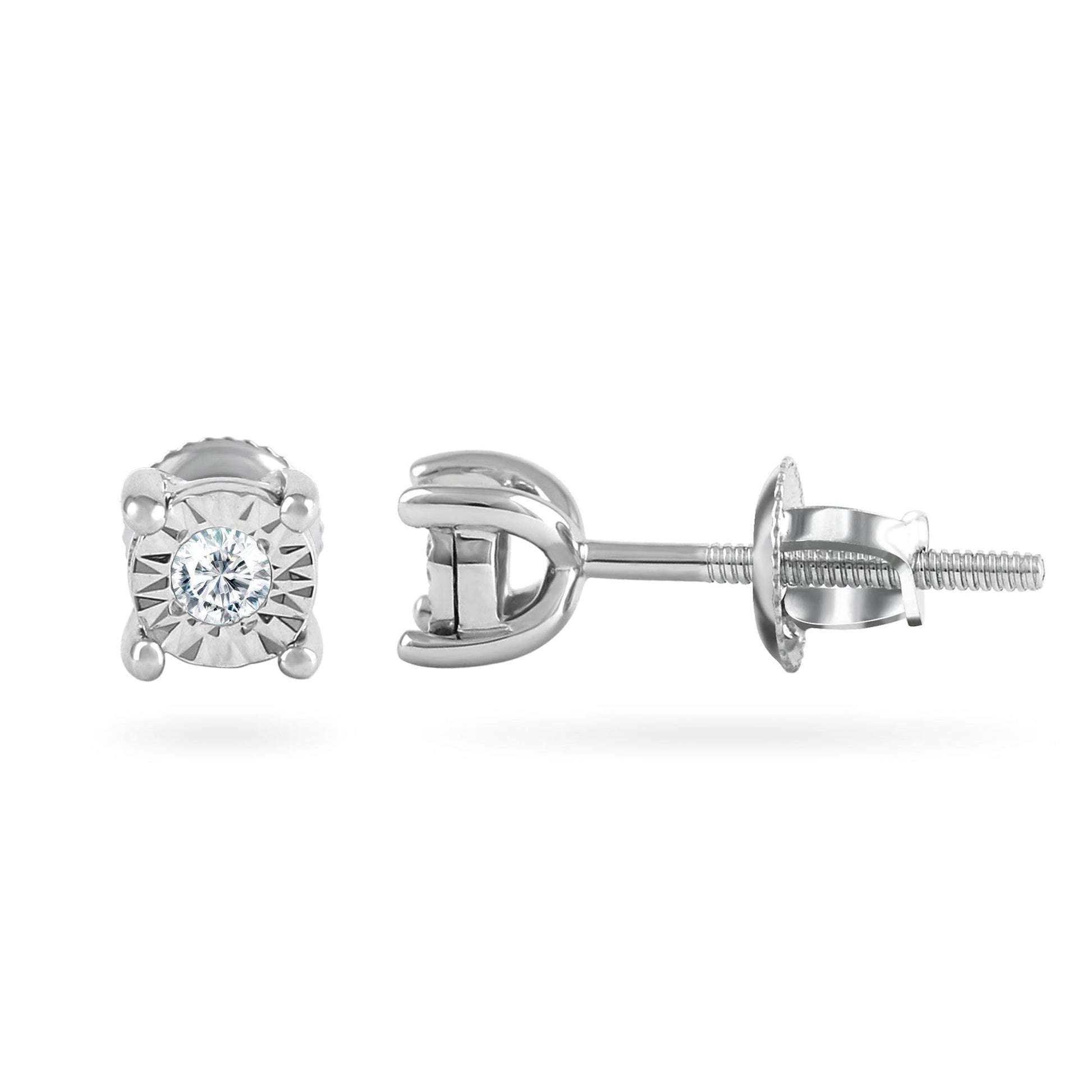 EternalDia 14k White Gold Miracle Plate Diamond Stud Earrings for Women (0.05 cttw, Color- IJ, Clarity I2/I3) 4-Prong Basket Set, Screw-Back Clasps - EternalDia