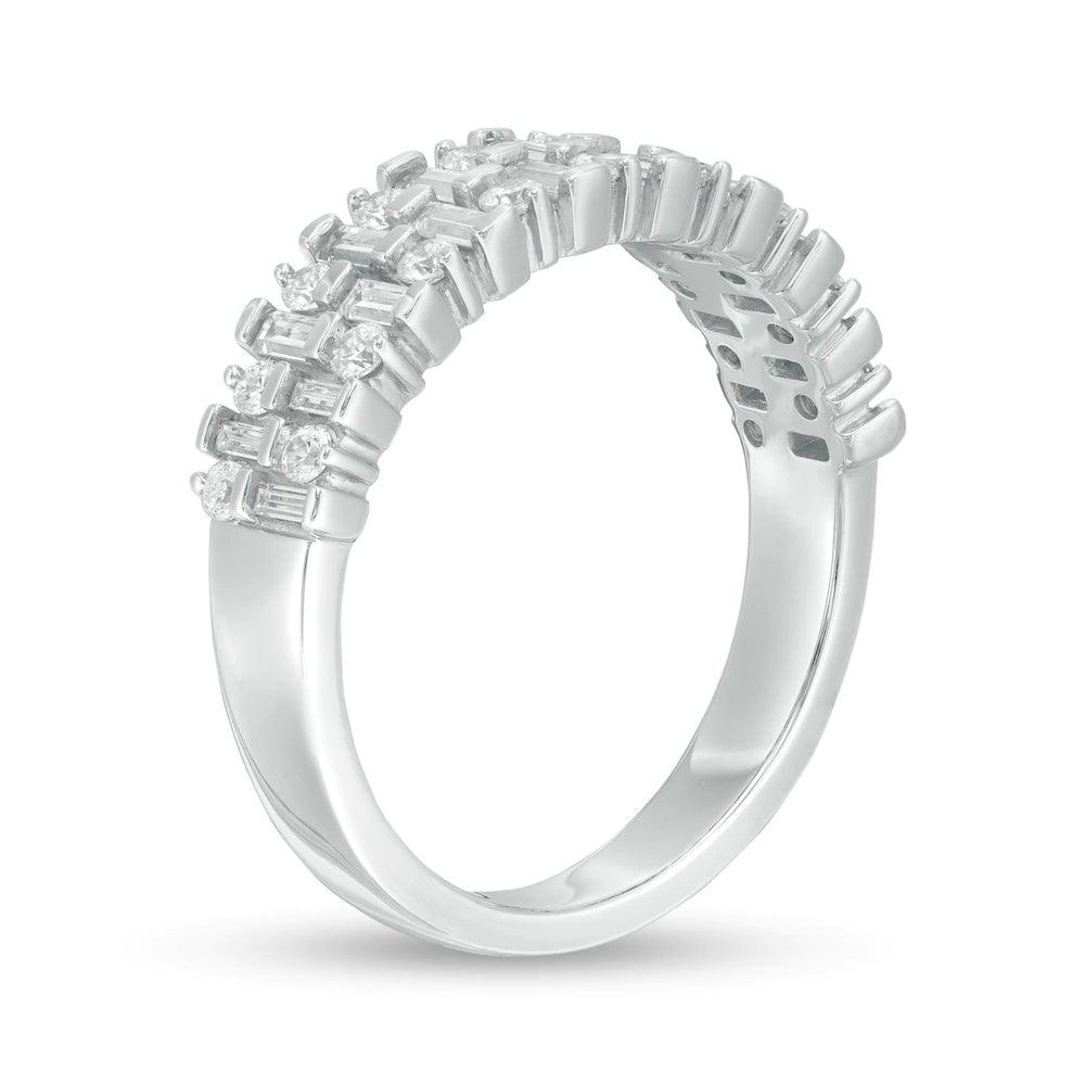 3/4 Cttw Baguette and Round Diamond Double Row Anniversary Band Ring in 14K White Gold (0.75 Cttw, Color : I, Clarity : I2)