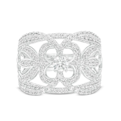 1 Cttw Diamond Ornate Flower Ring in 10K White Gold (1 Cttw, Color : I, Clarity : I2)