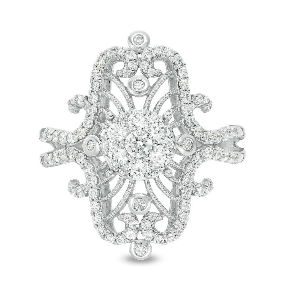 7/8 Cttw Diamond Elongated Vintage-Style Ornate Ring in 10K White Gold (0.88 Cttw, Color : I, Clarity : I2)