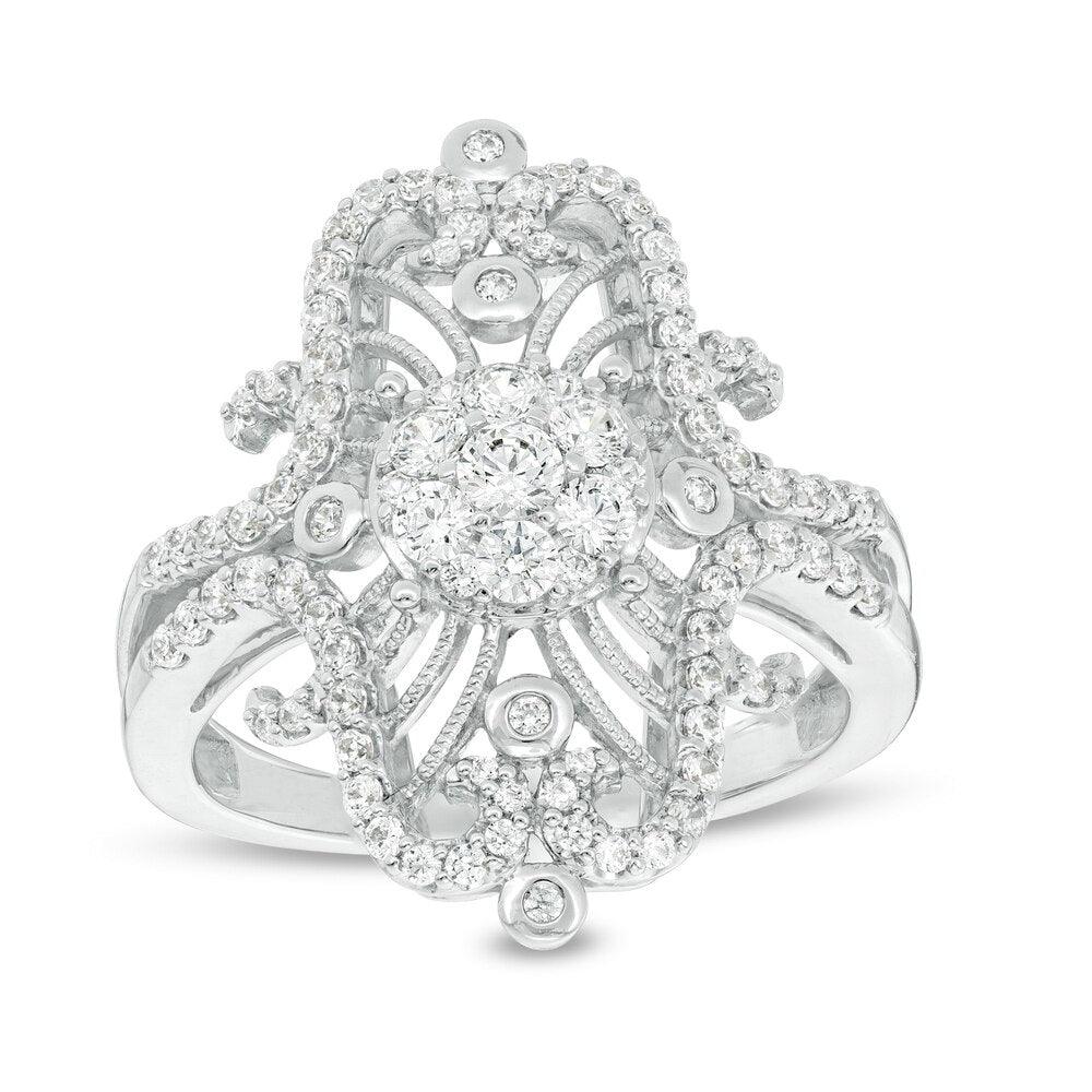 7/8 Cttw Diamond Elongated Vintage-Style Ornate Ring in 10K White Gold (0.88 Cttw, Color : I, Clarity : I2)