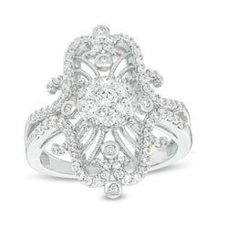 7/8 Cttw Diamond Elongated Vintage-Style Ornate Ring in 10K White Gold (0.88 Cttw, Color : I, Clarity : I2)