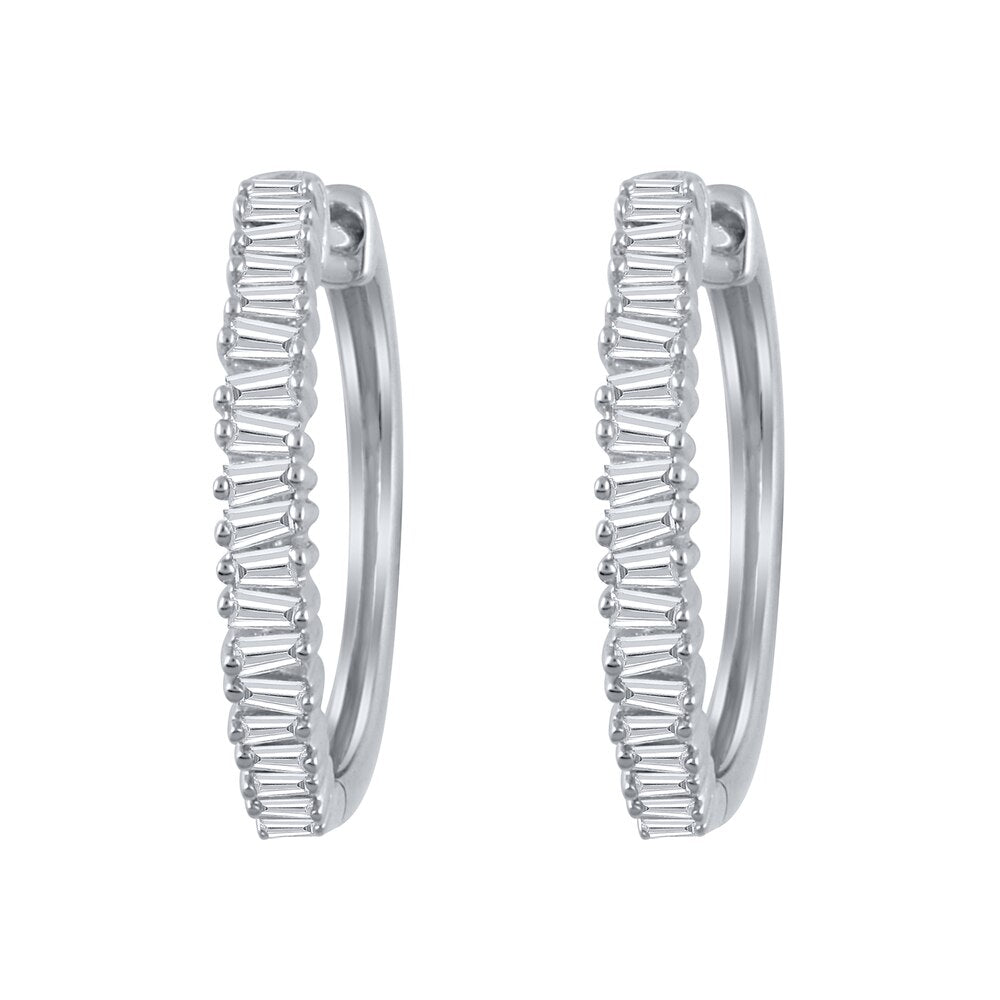 1/3 Cttw Baguette Diamond Row Hoop Earrings in 10K White Gold (0.33 Cttw, Color : I, Clarity : I2)
