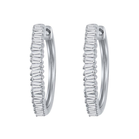 1/3 Cttw Baguette Diamond Row Hoop Earrings in 10K White Gold (0.33 Cttw, Color : I, Clarity : I2)