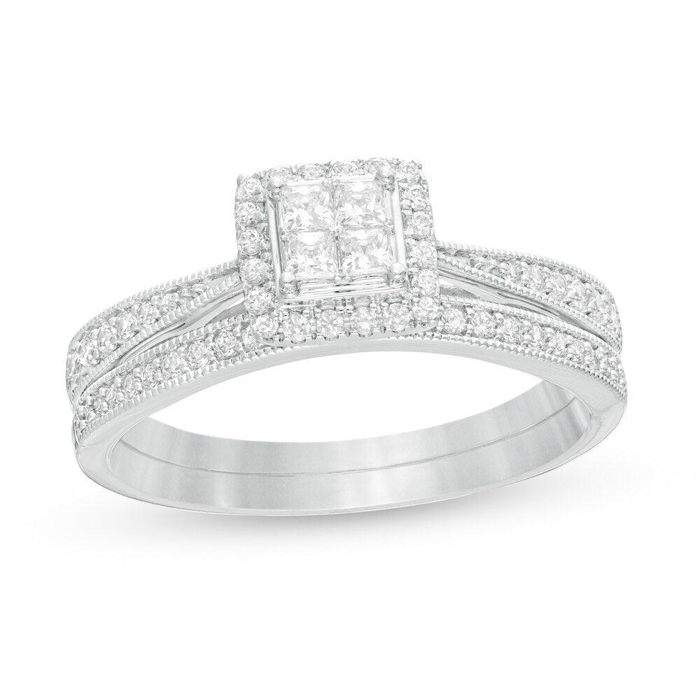 3/8 Cttw Quad Princess-Cut Diamond Frame Vintage-Style Bridal Set in 10K White Gold (0.38 Cttw, Color : I, Clarity : I2)