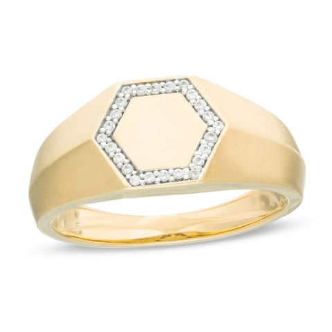 Men's 1/10 Cttw Diamond Frame Hexagon Signet Band Ring in 10K Gold (0.1 Cttw, Color : I, Clarity : I3)