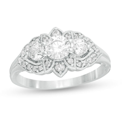 1 Cttw Diamond Past Present Future Floral Frame Vintage-Style Engagement Ring in 14K White Gold (1 Cttw, Color : I, Clarity : I2)