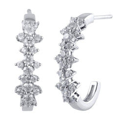 3/4 Cttw Diamond Floral J-Hoop Earrings in 10K White Gold (0.75 Ct, I-I3)