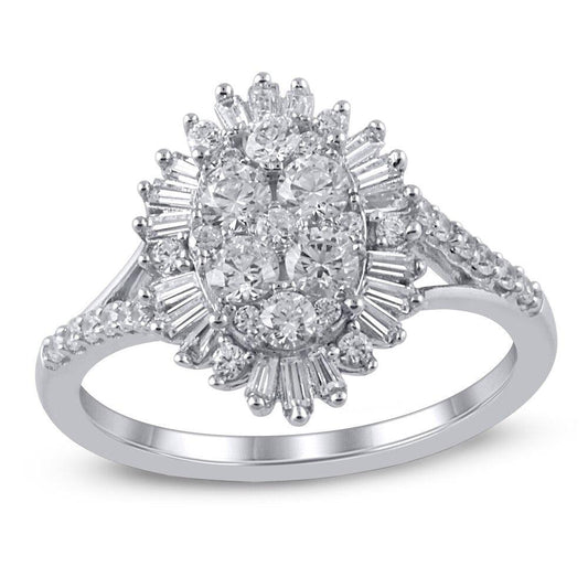 1 Cttw Composite Oval Diamond Starburst Frame Split Shank Ring in 10K White Gold (1 Ct, I-I3)